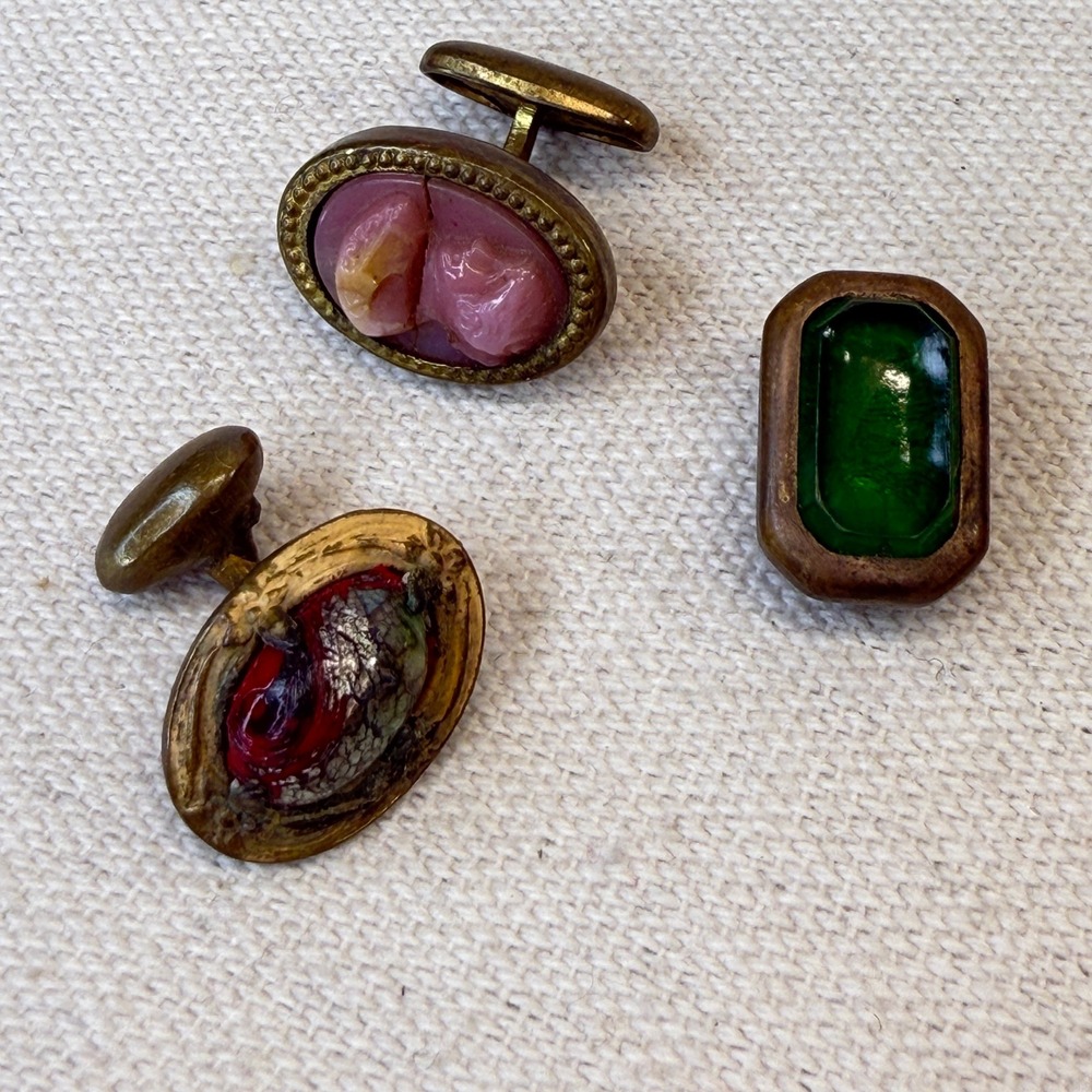 Antique Mens‎ Jewelry Lot Foil Glass & Pink Cameo Cuff Links Tie Clip